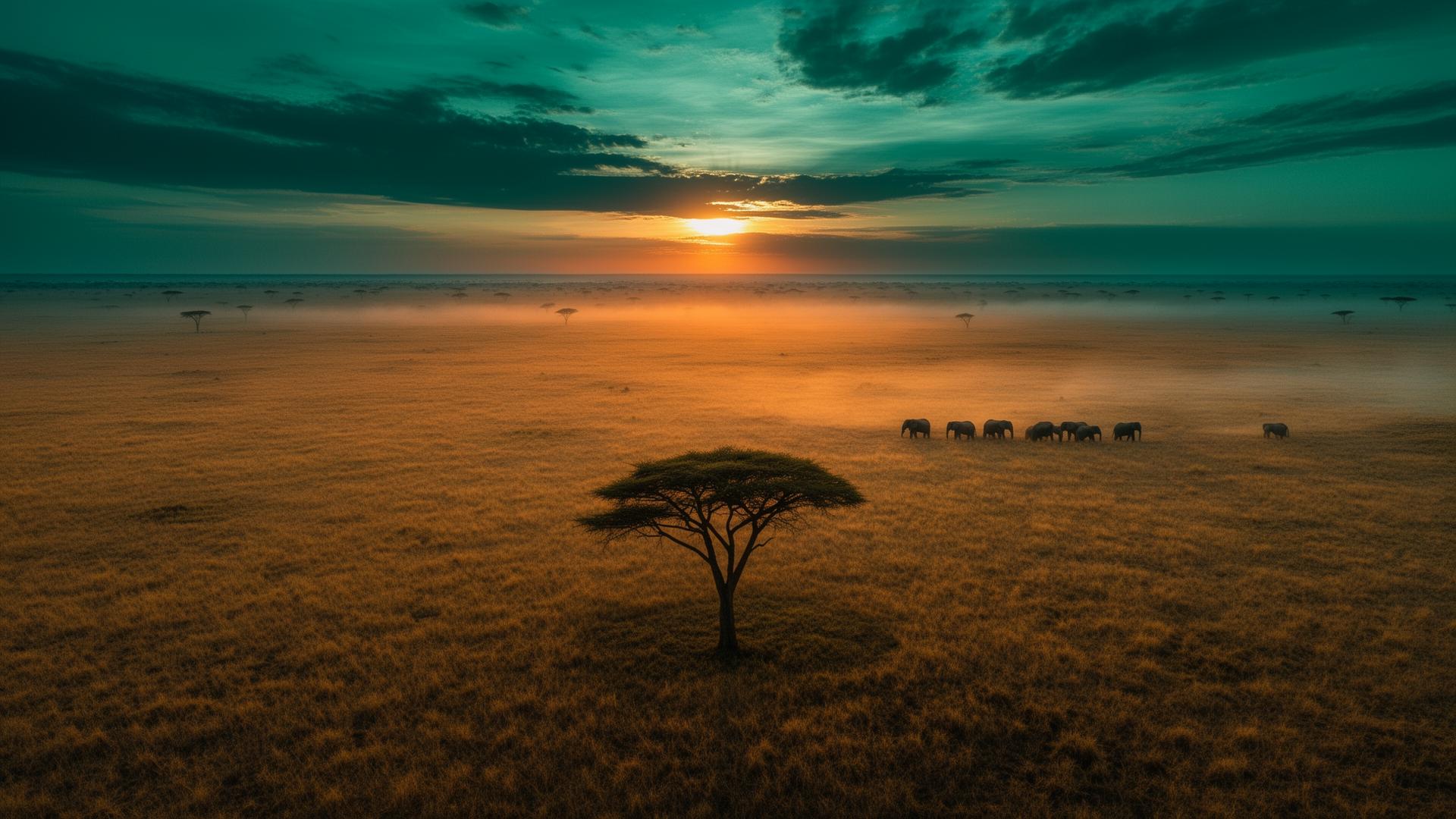 Kenyan landscape — savanna and acacia at sunset